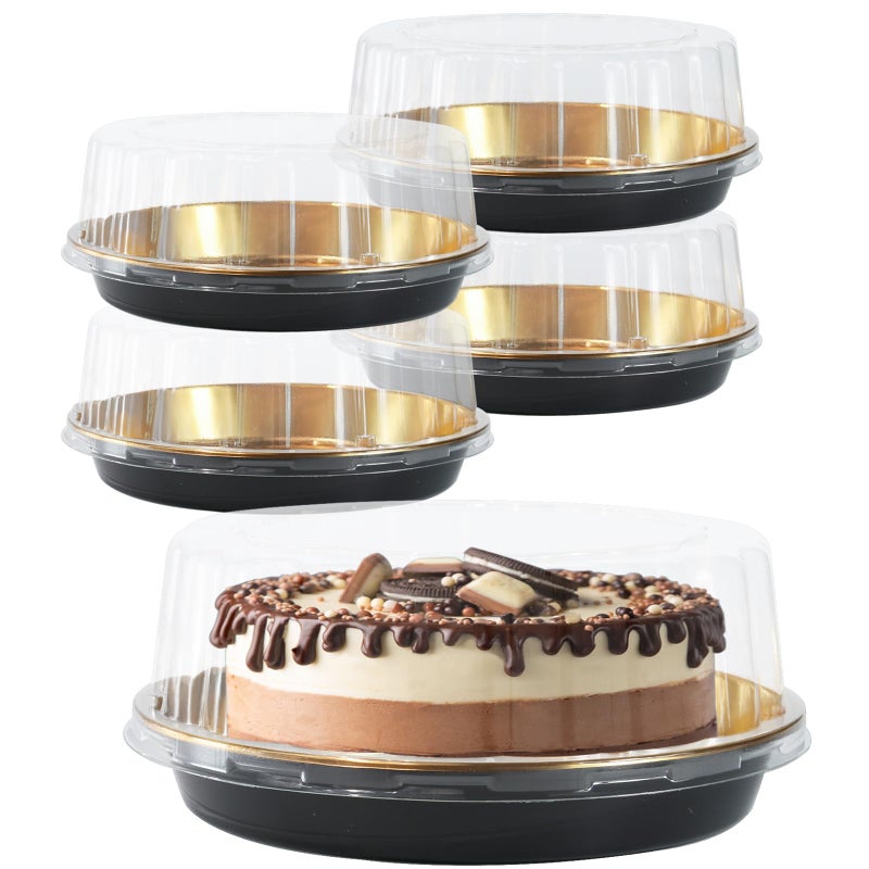 FEOOWV 5Pack 10inch Round Clear Glod Cake Carriers for Transport Plastic Disposable Cake Containers Carriers with Dome Lids and Cake Boards Clear Bundt Cake Boxes