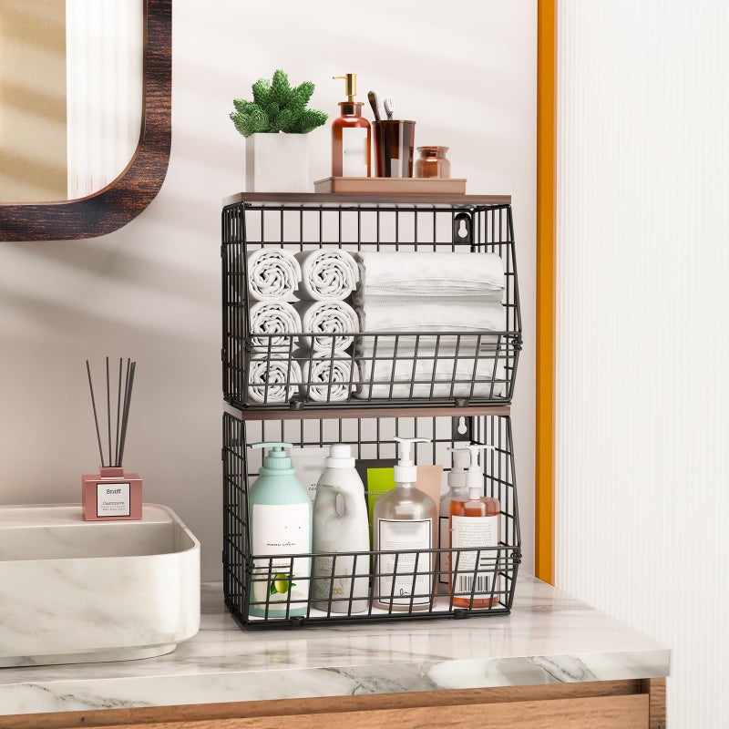 Wawocs 2 Tier Fruit Bowl Fruit Basket for Kitchen Counter Stackable Wall Mounted Hanging Basket Wire Baskets with Wood Lid with 4 Banana Hanger Hooks  Onion Basket  Fruit and Vegetable Storage - Image 5