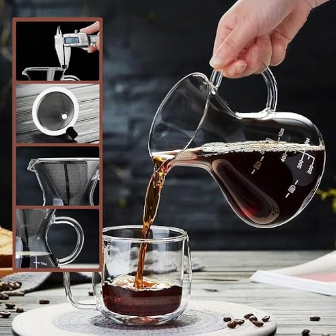 Azonee Pour Over Coffee Maker 600Ml Paperless Borosilicate Glass Carafe With Reusable Stainless Steel Filter Clear Manual Dripper Brewer For Home Office - Image 4