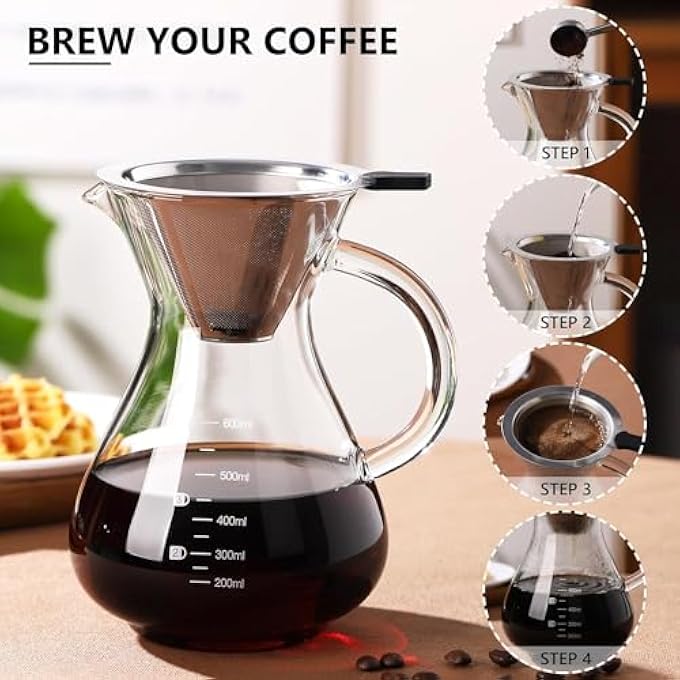 Azonee Pour Over Coffee Maker 600Ml Paperless Borosilicate Glass Carafe With Reusable Stainless Steel Filter Clear Manual Dripper Brewer For Home Office - Image 5