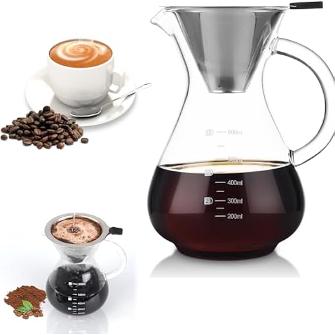 Azonee Pour Over Coffee Maker 600Ml Paperless Borosilicate Glass Carafe With Reusable Stainless Steel Filter Clear Manual Dripper Brewer For Home Office - Image 2