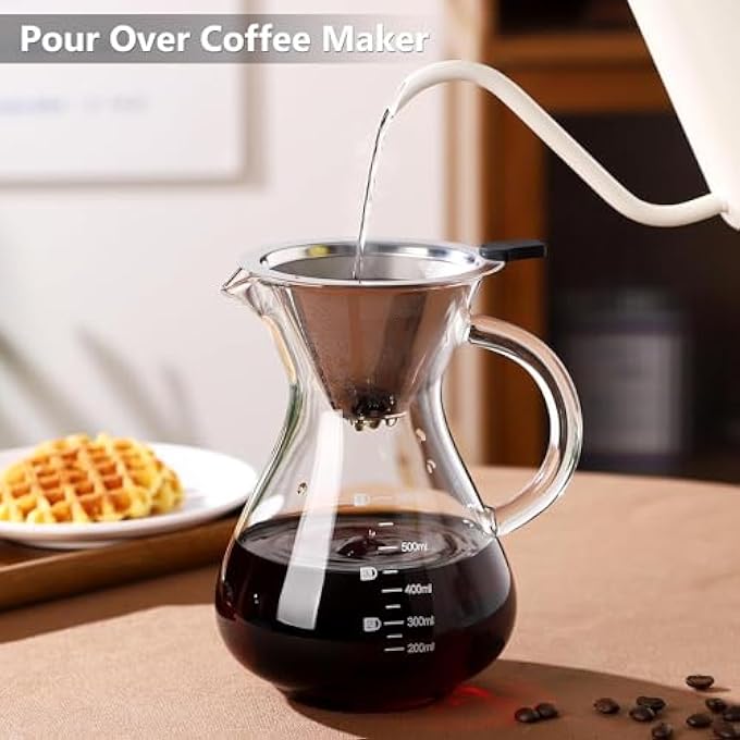 Azonee Pour Over Coffee Maker 600Ml Paperless Borosilicate Glass Carafe With Reusable Stainless Steel Filter Clear Manual Dripper Brewer For Home Office - Image 3
