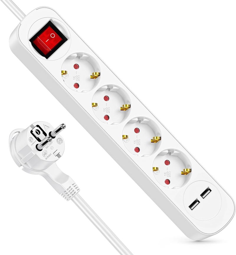 realmade 6-in-1 Power Strip with 4 AC Sockets & 2 USB-A, 3M Cable, Flat Plug, Overload Protection, Wall Mounting, Multiple Plug for Home, Office & Travel Compatible - Image 1
