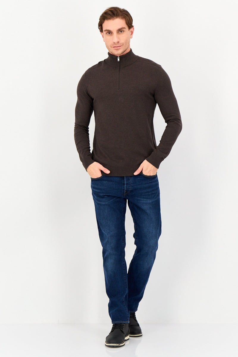Selected Homme Men Mock Neck Long Sleeve Knitted Half Zip Sweater, Dark Brown - Image 4