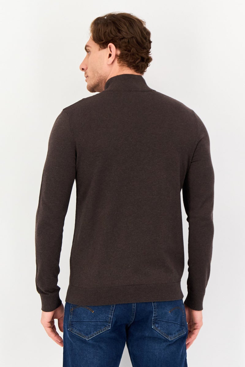 Selected Homme Men Mock Neck Long Sleeve Knitted Half Zip Sweater, Dark Brown - Image 2