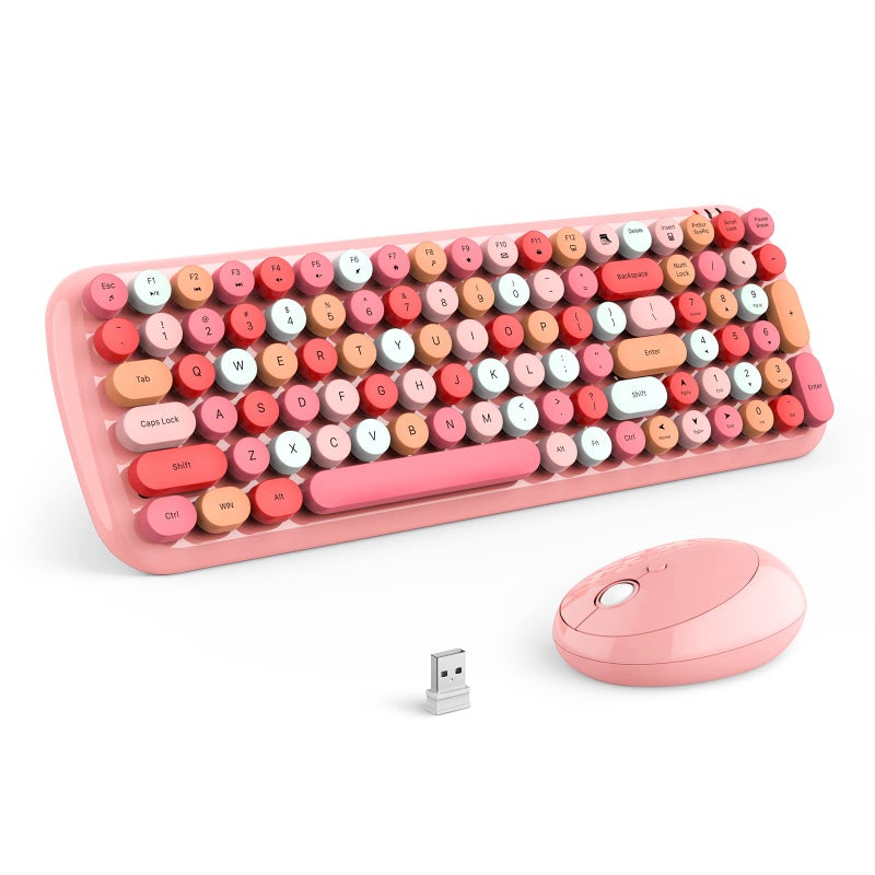 MOFII Wireless Keyboard and Mouse Combo FullSize Retro TypewriterStyle Wireless Keyboard with Optical Mouse for ComputerLaptopWindowsMac Pink Colorful