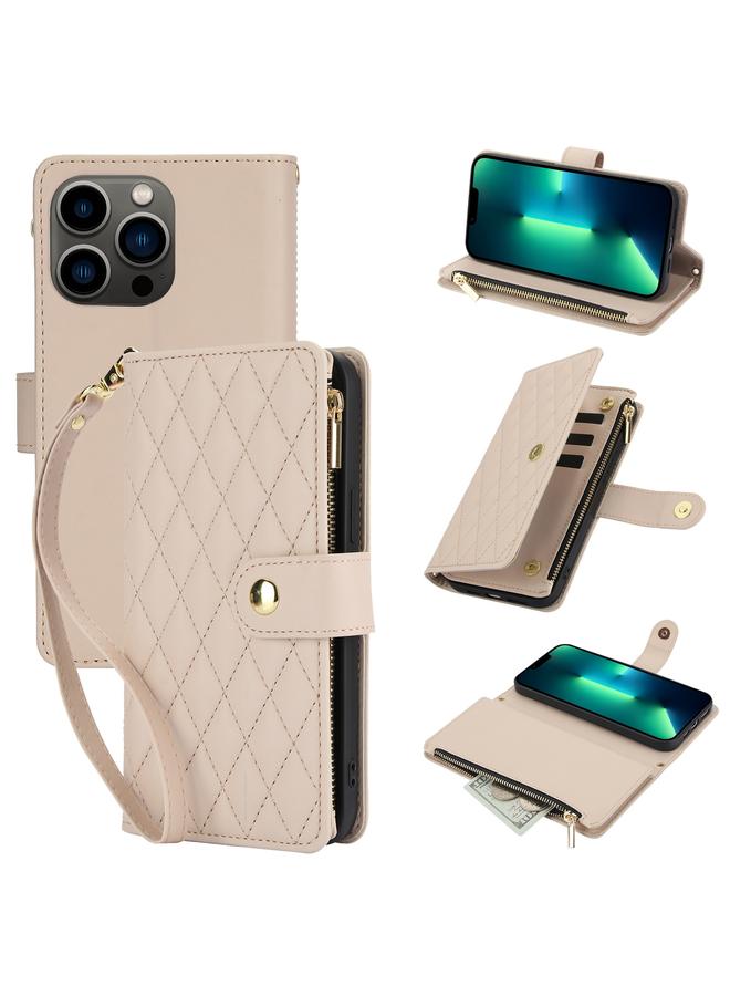 Zaboon Case For iPhone 13 Pro Max YM016 Rhombic Zipper Card Wallet Leather Phone Case with Lanyard - Image 1