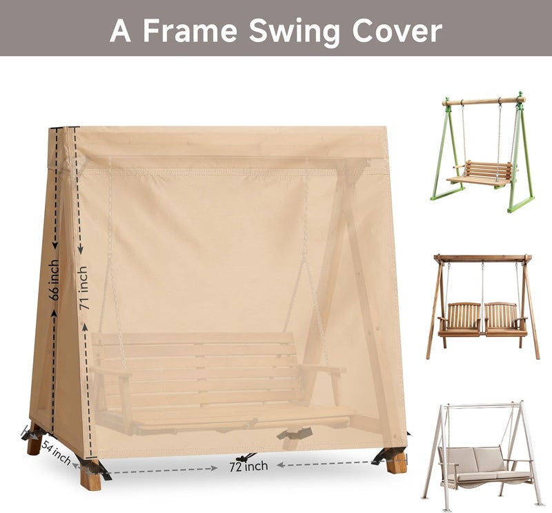 uHousDeco Outdoor Swing Covers for A Frame Patio Swing, 72" L x 55" D x 67" H, A-Frame Swing Cover Waterproof, Porch Patio Swing Canopy Cover, Windproof UV Resistant All Weather Protector - Beige - Image 2