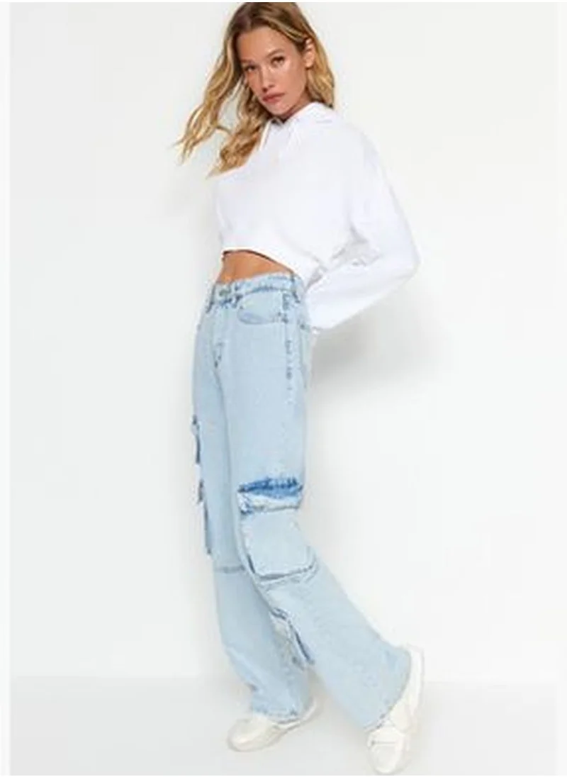 trendyol Light Blue Cargo Pocket Detailed High Waist Wide Leg Jeans TWOAW24JE00320