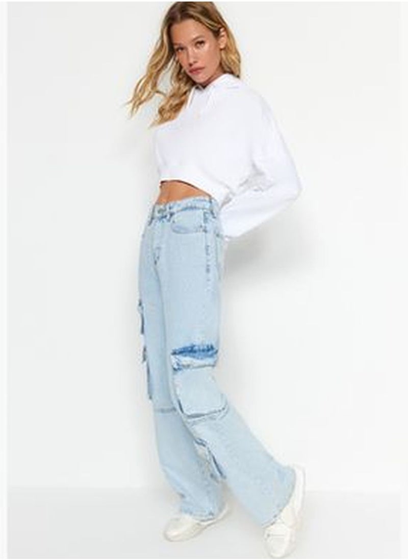 trendyol Light Blue Cargo Pocket Detailed High Waist Wide Leg Jeans TWOAW24JE00320  - Image 2