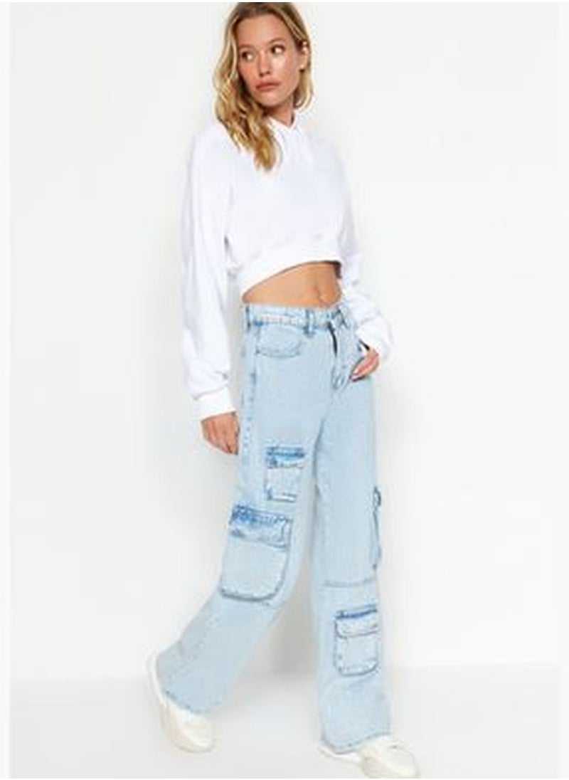 trendyol Light Blue Cargo Pocket Detailed High Waist Wide Leg Jeans TWOAW24JE00320  - Image 3