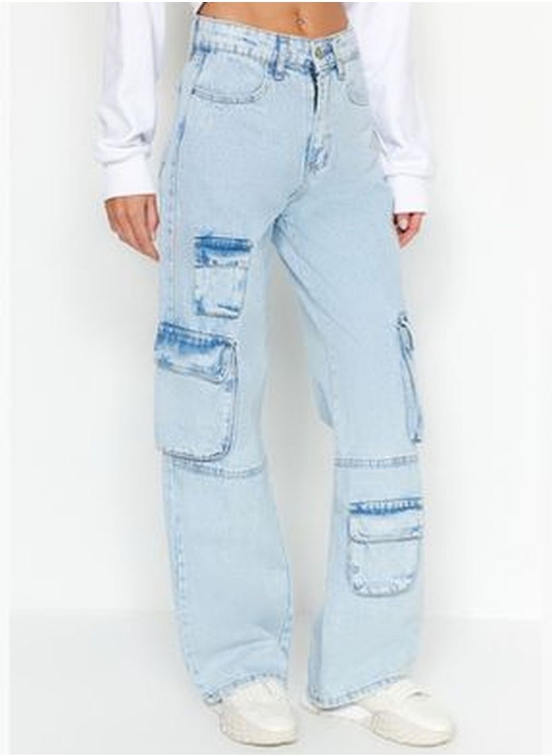 trendyol Light Blue Cargo Pocket Detailed High Waist Wide Leg Jeans TWOAW24JE00320  - Image 5