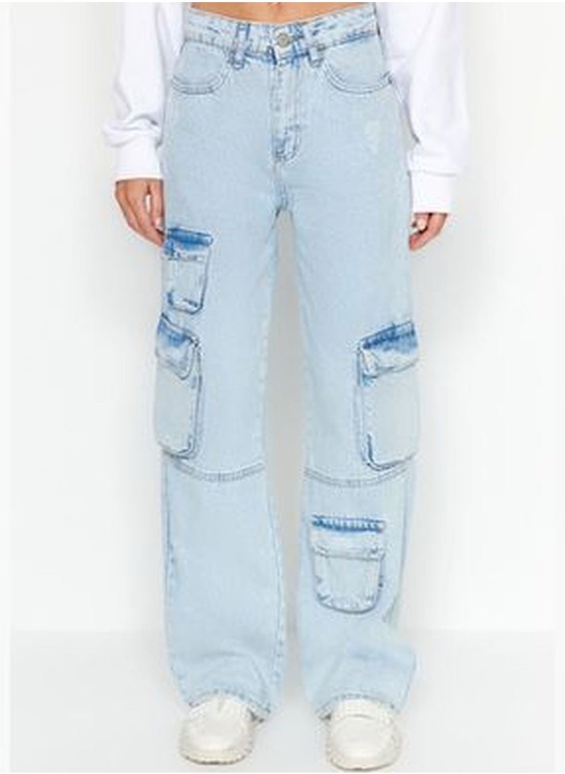 trendyol Light Blue Cargo Pocket Detailed High Waist Wide Leg Jeans TWOAW24JE00320  - Image 4