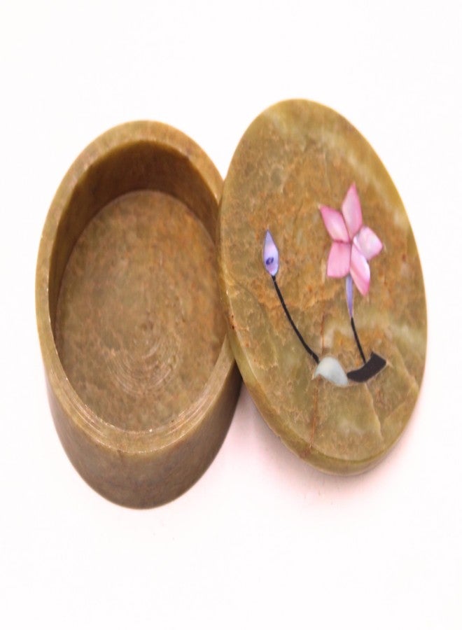 SANDSTERS VR SOURCING Round Olive Green Marble Box with Pink Floral Inlay – Handcrafted Stone Trinket/Jewelry Box - Image 3