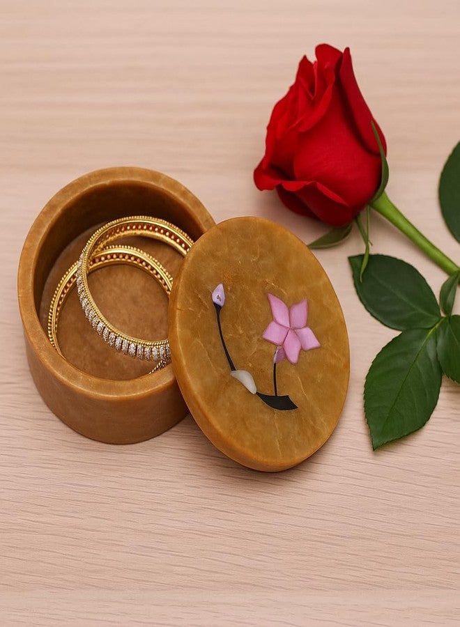 SANDSTERS VR SOURCING Round Olive Green Marble Box with Pink Floral Inlay – Handcrafted Stone Trinket/Jewelry Box - Image 1
