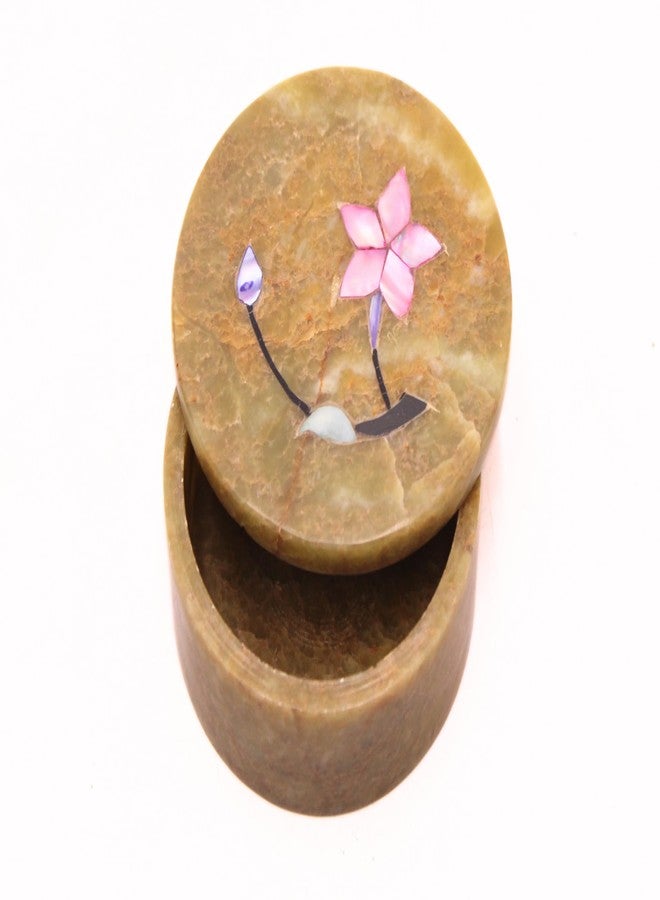 SANDSTERS VR SOURCING Round Olive Green Marble Box with Pink Floral Inlay – Handcrafted Stone Trinket/Jewelry Box - Image 2