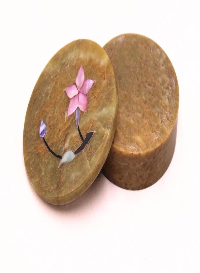 SANDSTERS VR SOURCING Round Olive Green Marble Box with Pink Floral Inlay – Handcrafted Stone Trinket/Jewelry Box - Image 5