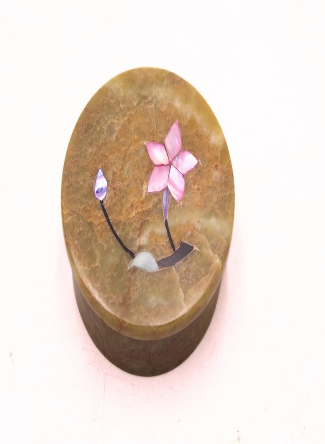SANDSTERS VR SOURCING Round Olive Green Marble Box with Pink Floral Inlay – Handcrafted Stone Trinket/Jewelry Box - Image 4