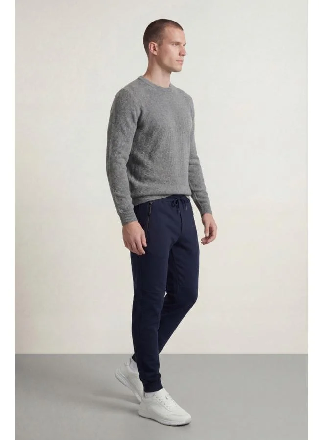 Mmetalic Men's Navy Blue Standard-Fit Regular-Cut Jogger Sweatpants with Zippered Pockets and Elastic Cuffs