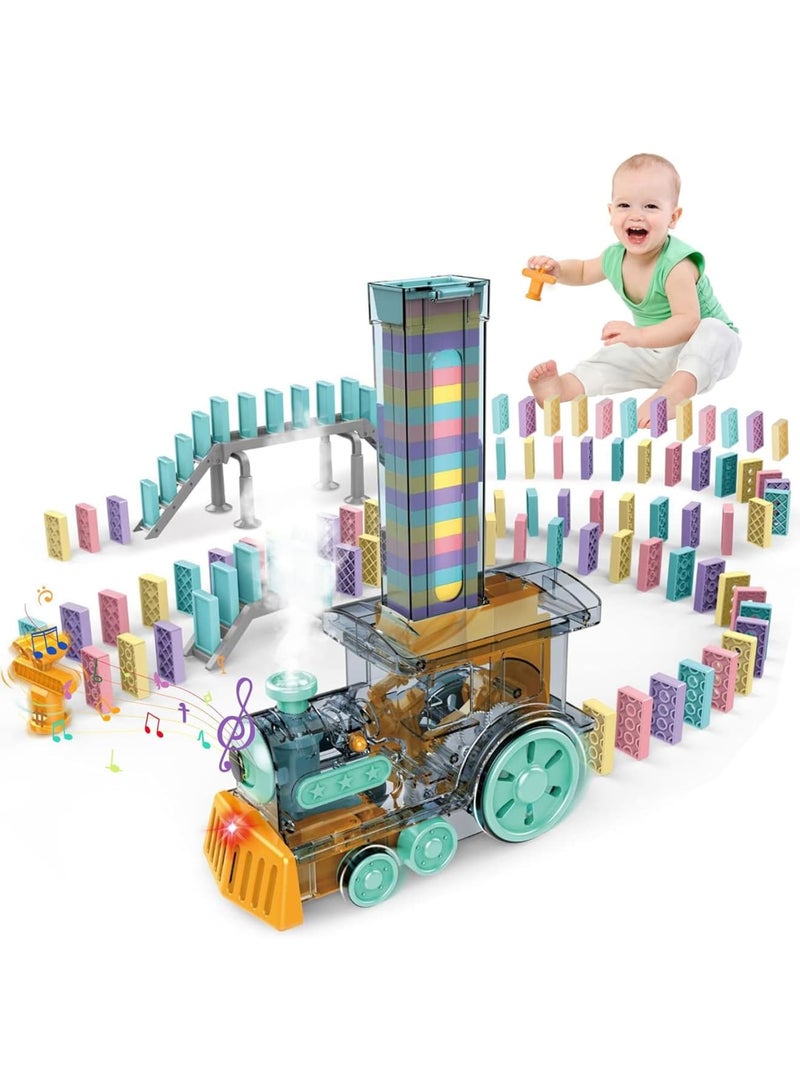 SOLARAE مجموعة لعبة قطار الدومينو، نموذج قطار كهربائي بالدومينو مع أصوات وضوء، لعبة بناء كتل الدومينو، هدية إبداعية STEM للأولاد والبنات من 3 إلى 7 سنوات - Image 1