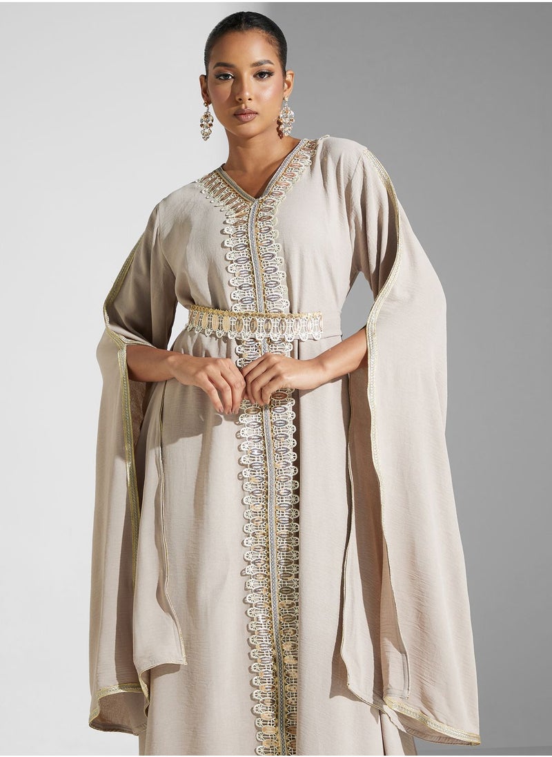 hayas closet Embroidered Cape Sleeve Belted Dress  - Image 3