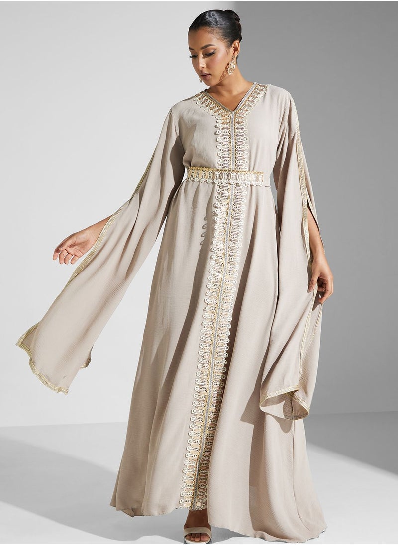 hayas closet Embroidered Cape Sleeve Belted Dress  - Image 4