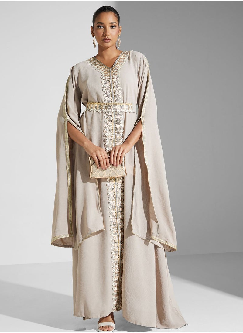 hayas closet Embroidered Cape Sleeve Belted Dress  - Image 1