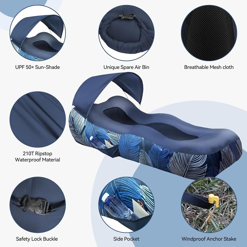 Blue Inflatable Lounger Air Sofa Couch Chair with Sun Shade Cover for Camping Beach Hiking Backyard Easy Setup - Image 3