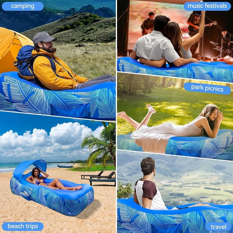 Blue Inflatable Lounger Air Sofa Couch Chair with Sun Shade Cover for Camping Beach Hiking Backyard Easy Setup - Image 4
