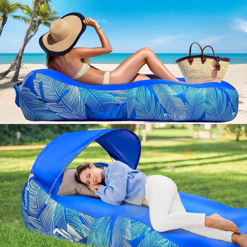 Blue Inflatable Lounger Air Sofa Couch Chair with Sun Shade Cover for Camping Beach Hiking Backyard Easy Setup - Image 2