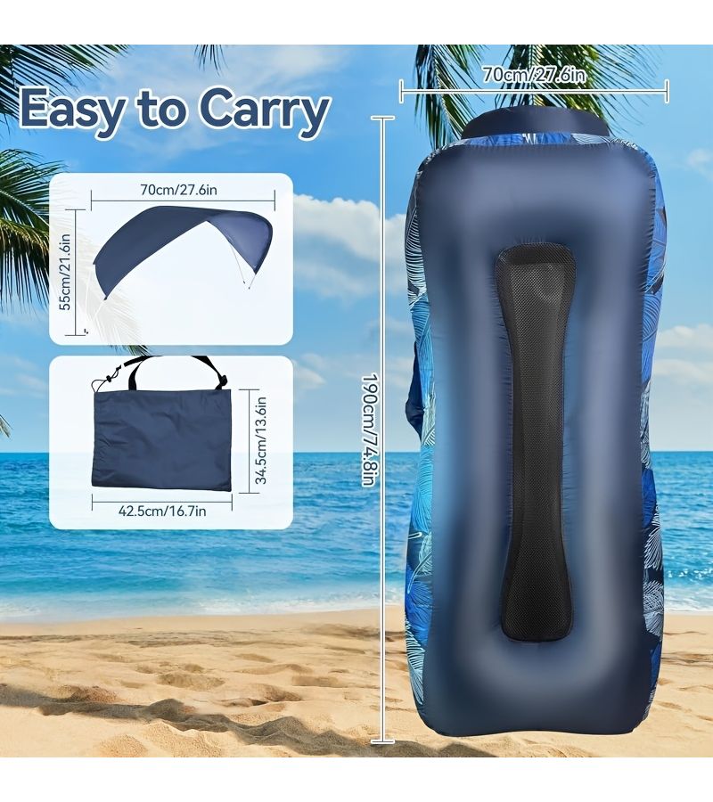 Blue Inflatable Lounger Air Sofa Couch Chair with Sun Shade Cover for Camping Beach Hiking Backyard Easy Setup - Image 5