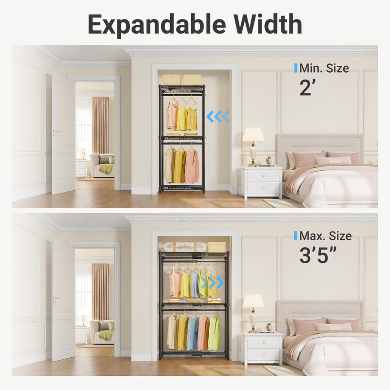 VIPEK X1 Expandable Clothes Rack Heavy Duty Adjustable from 2' to 3'5" with Adjustable Shelves and Hanger Rods, Reach-in & Walk-in Closets Metal Garment Racks Portable Closet, Black - Image 2