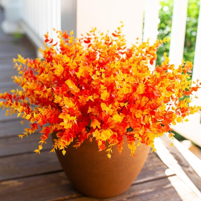 Artificial Fake Fall Autumn Eucalyptus Plants Flowers for Outdoor Outside Decoration Faux Silk Orange Boxwood Look Real UV Resistant for Home Porch Patio Planter Decor12 Bundles