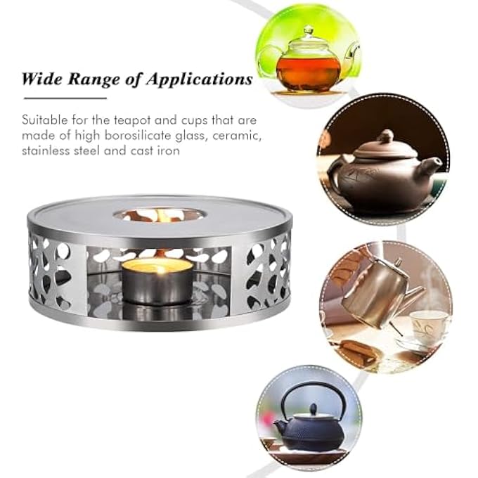 FDTY قطعة واحدة من سخان إبريق الشاي المصنوع من الفولاذ المقاوم للصدأ، قاعدة تسخين القهوة، سخان الأطباق مع شمعة شاي خفيفة لإبريق الشاي الزجاجي وغيرها من استخدامات تسخين الأطباق المقاومة للحرارة باللون الفضي - Image 4