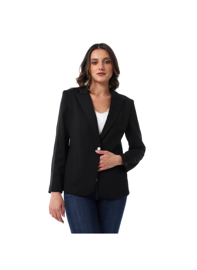 Esla Peaked Lapelled Neck Solid Elegant Single Breasted Black Blazer  - Image 1