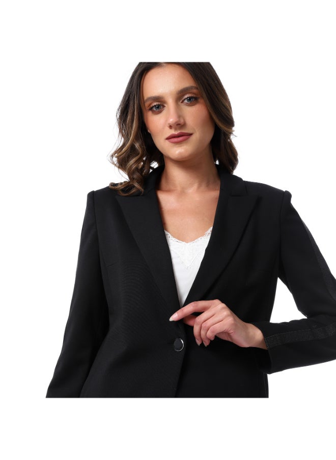 Esla Peaked Lapelled Neck Solid Elegant Single Breasted Black Blazer  - Image 3