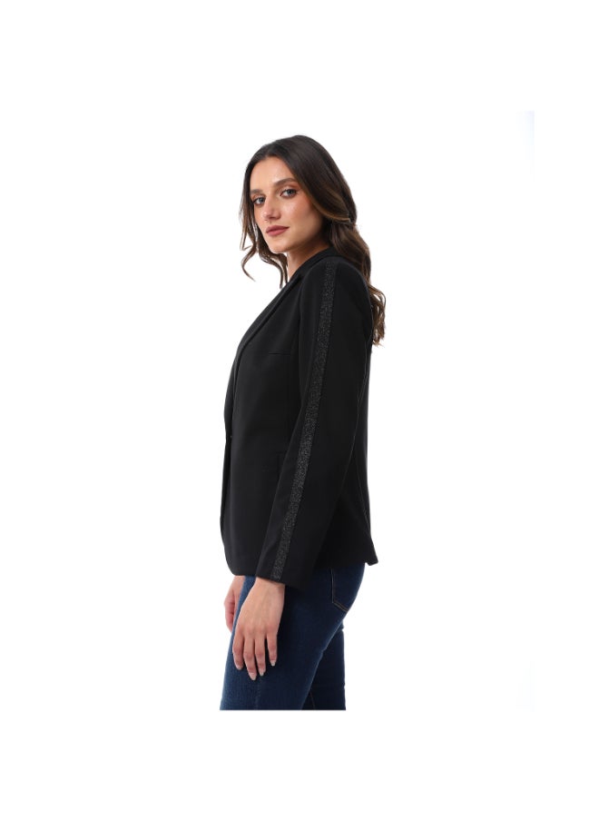 Esla Peaked Lapelled Neck Solid Elegant Single Breasted Black Blazer  - Image 2