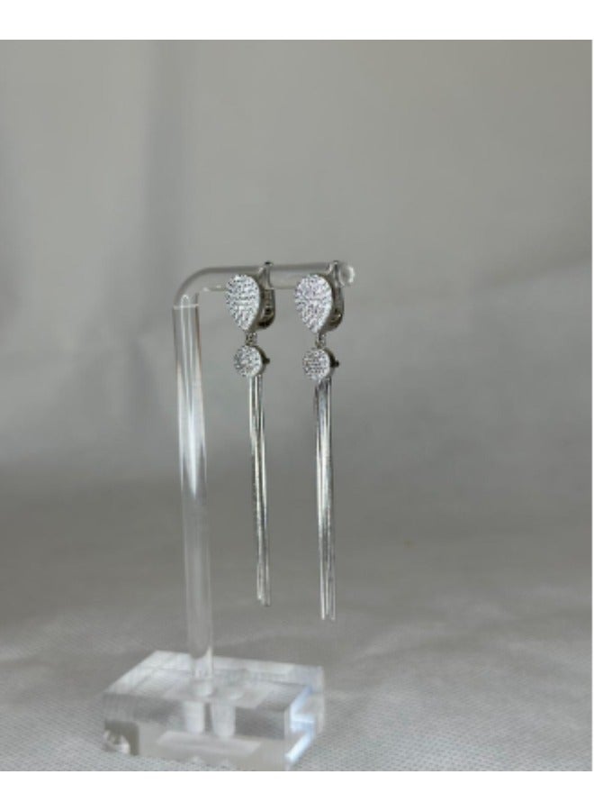 Luxurious 7 cm Long Sterling Silver Earrings with Sparkling Zircon Stones | Elegant Drop Earrings for Women