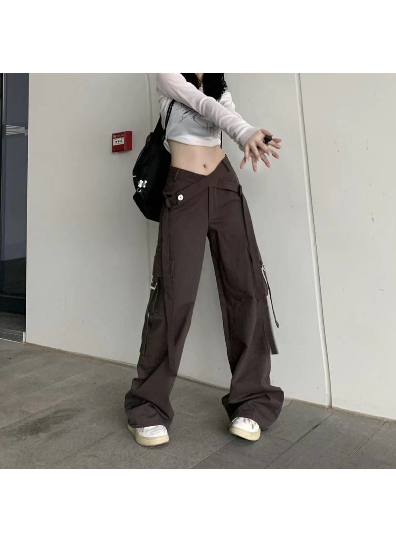 Generic American Style Vintage Womens Loose-Fit Wide-Leg Casual Pants V-WAist Cargo Pants With Scarf Design Sensibility For Summer Greyish green  - Image 1