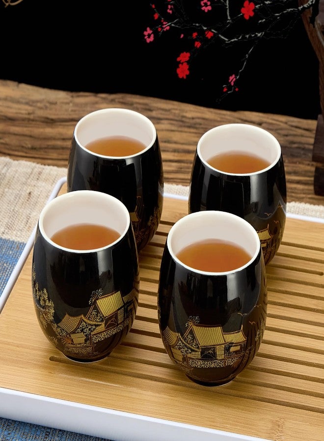 DUJUST Traditional Japanese Tea Cups Set of 4, Black Porcelain Chinese Tea Cups, Beautiful Asian Tea Cup Gift for Adults, Tea Lover/Women/Men (Countryside in Golden) - Image 1