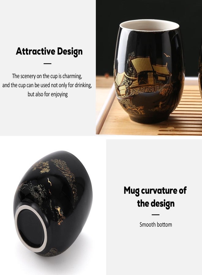 DUJUST Traditional Japanese Tea Cups Set of 4, Black Porcelain Chinese Tea Cups, Beautiful Asian Tea Cup Gift for Adults, Tea Lover/Women/Men (Countryside in Golden) - Image 3