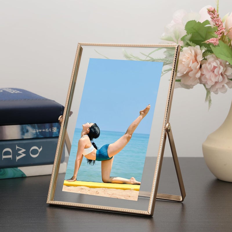 GorYeeFine Gold 4x 6'' Floating Frame Set of 2, For Photo Sizes (2x3'', 3.5x 5'' up to 4x6'' ), Beautiful Metal Lace Edge Frames Adjustable Tabletop/Shelf Photo Frame, Classy Gift Choice for Wedding, - Image 3