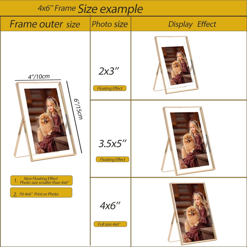 GorYeeFine Gold 4x 6'' Floating Frame Set of 2, For Photo Sizes (2x3'', 3.5x 5'' up to 4x6'' ), Beautiful Metal Lace Edge Frames Adjustable Tabletop/Shelf Photo Frame, Classy Gift Choice for Wedding, - Image 4