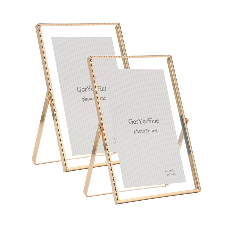 GorYeeFine Gold 4x 6'' Floating Frame Set of 2, For Photo Sizes (2x3'', 3.5x 5'' up to 4x6'' ), Beautiful Metal Lace Edge Frames Adjustable Tabletop/Shelf Photo Frame, Classy Gift Choice for Wedding, - Image 1