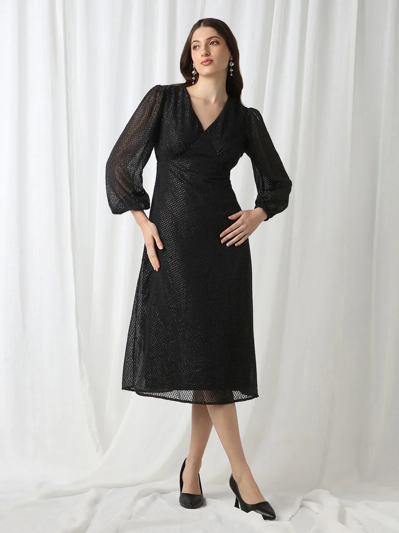 globus Globus Women Black V-Neck Bishop Sleeves Lurex Detail Georgette Fit & Flare Midi Party Dress