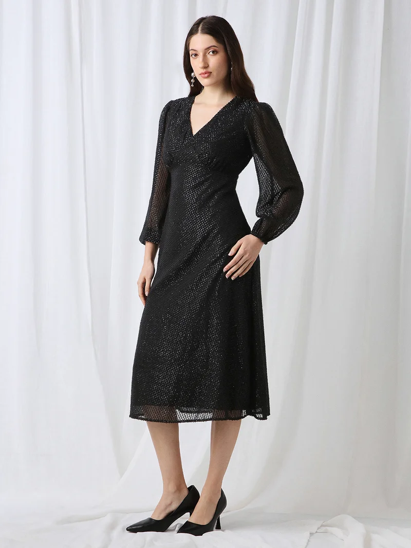 globus Globus Women Black V-Neck Bishop Sleeves Lurex Detail Georgette Fit & Flare Midi Party Dress