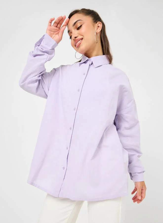 Styli Solid Cotton Oversized Longline Shirt