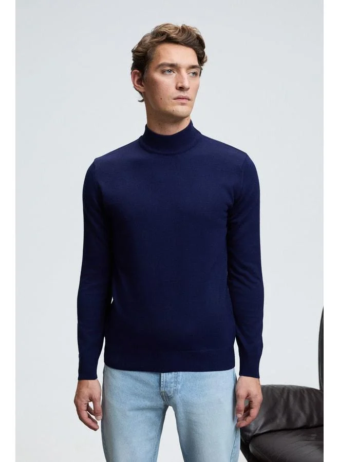 GRIMELANGE REBEL Men's Half Fisherman's Collar Basic Slim Fit Knitted Navy Sweater.