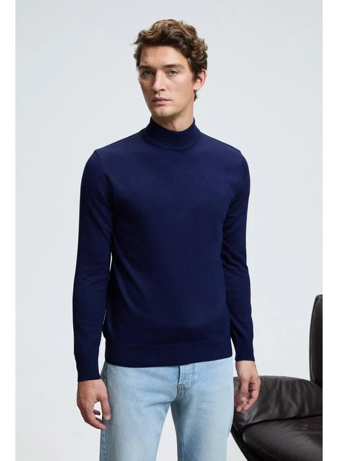 GRIMELANGE REBEL Men's Half Fisherman's Collar Basic Slim Fit Knitted Navy Sweater.