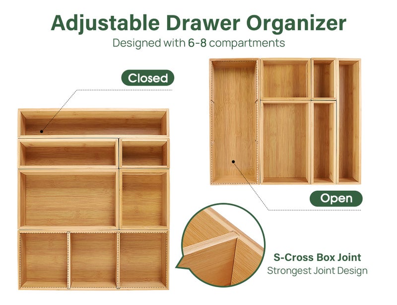 Kootek Bamboo Drawer Organizer with Removable Dividers, 6 Pcs Adjustable Kitchen Drawer Organizer Utensils Bamboo Organizers Silverware Storage Box Cutlery Tray Multi-Use for Bathroom, Makeup, Office - Image 3